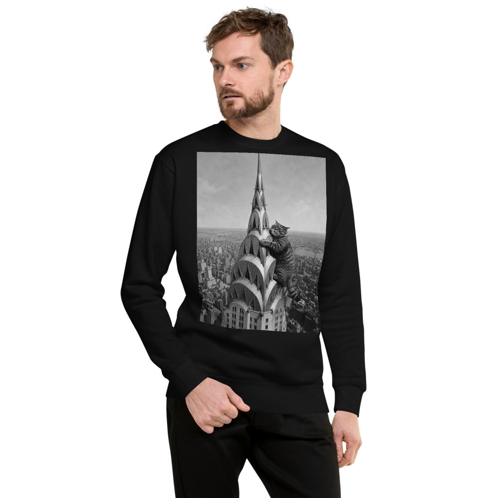 Custom cat portrait sweatshirt, Chrysler Building style, worn