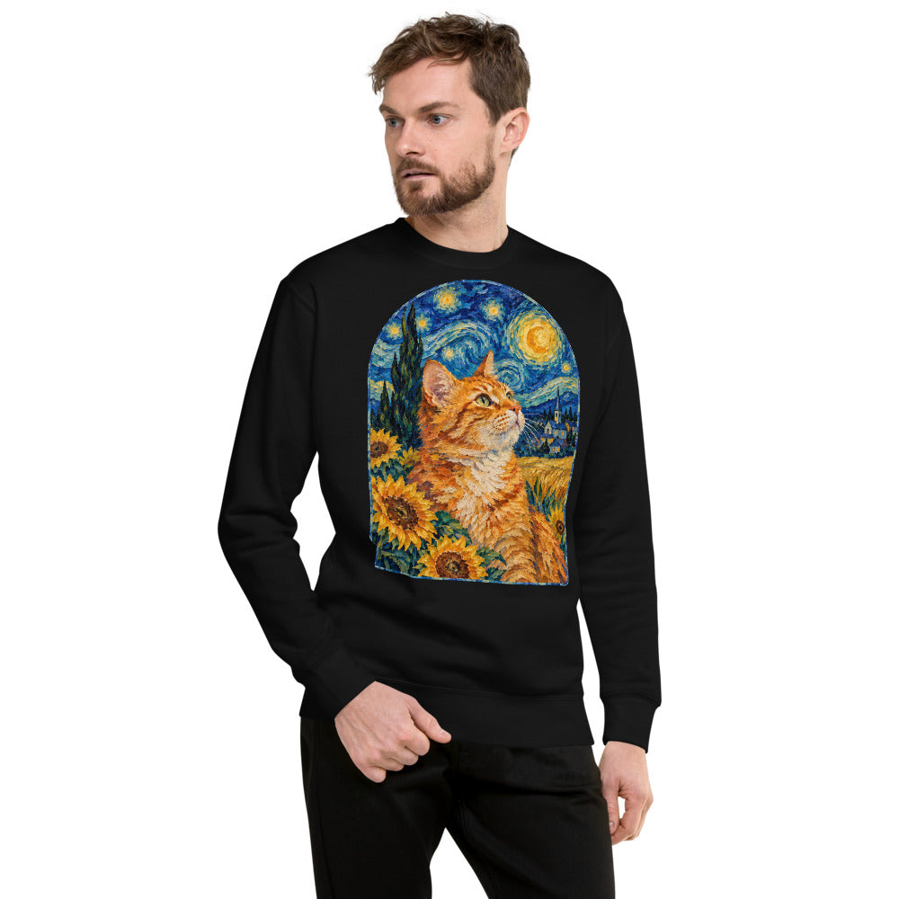 Custom cat portrait sweatshirt, Van Gogh style, worn