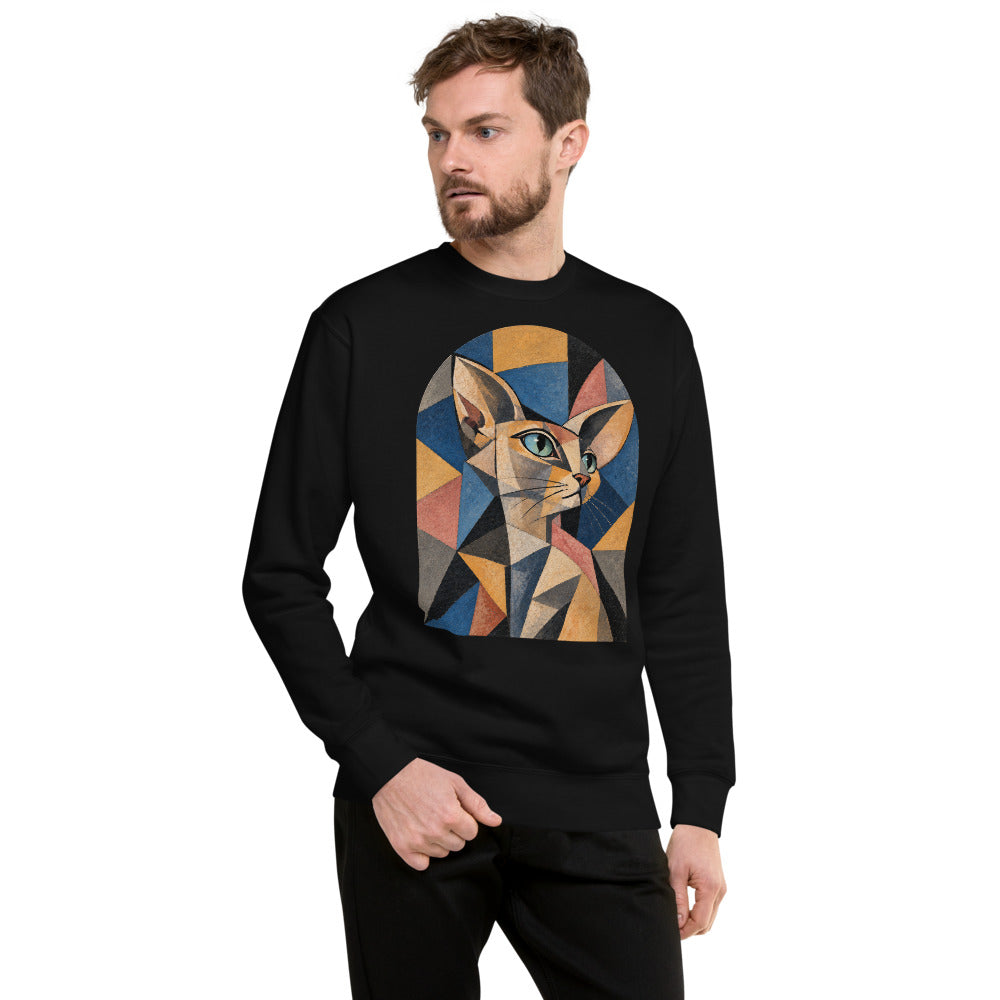 Custom cat portrait sweatshirt, Cubism style, worn