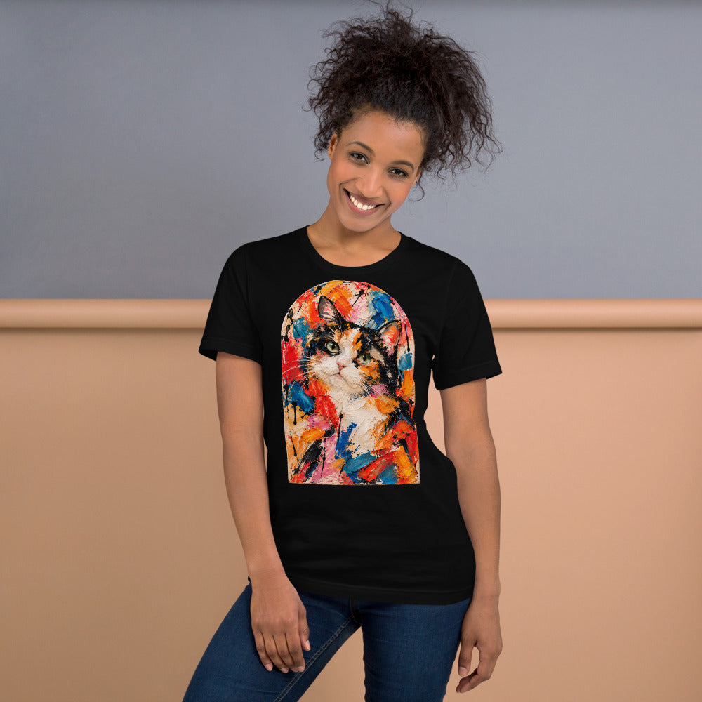 Custom cat portrait t-shirt, Abstract Expressionism style, lifestyle