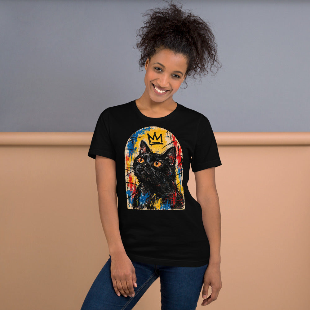 Custom cat portrait t-shirt, Basquiat style, lifestyle