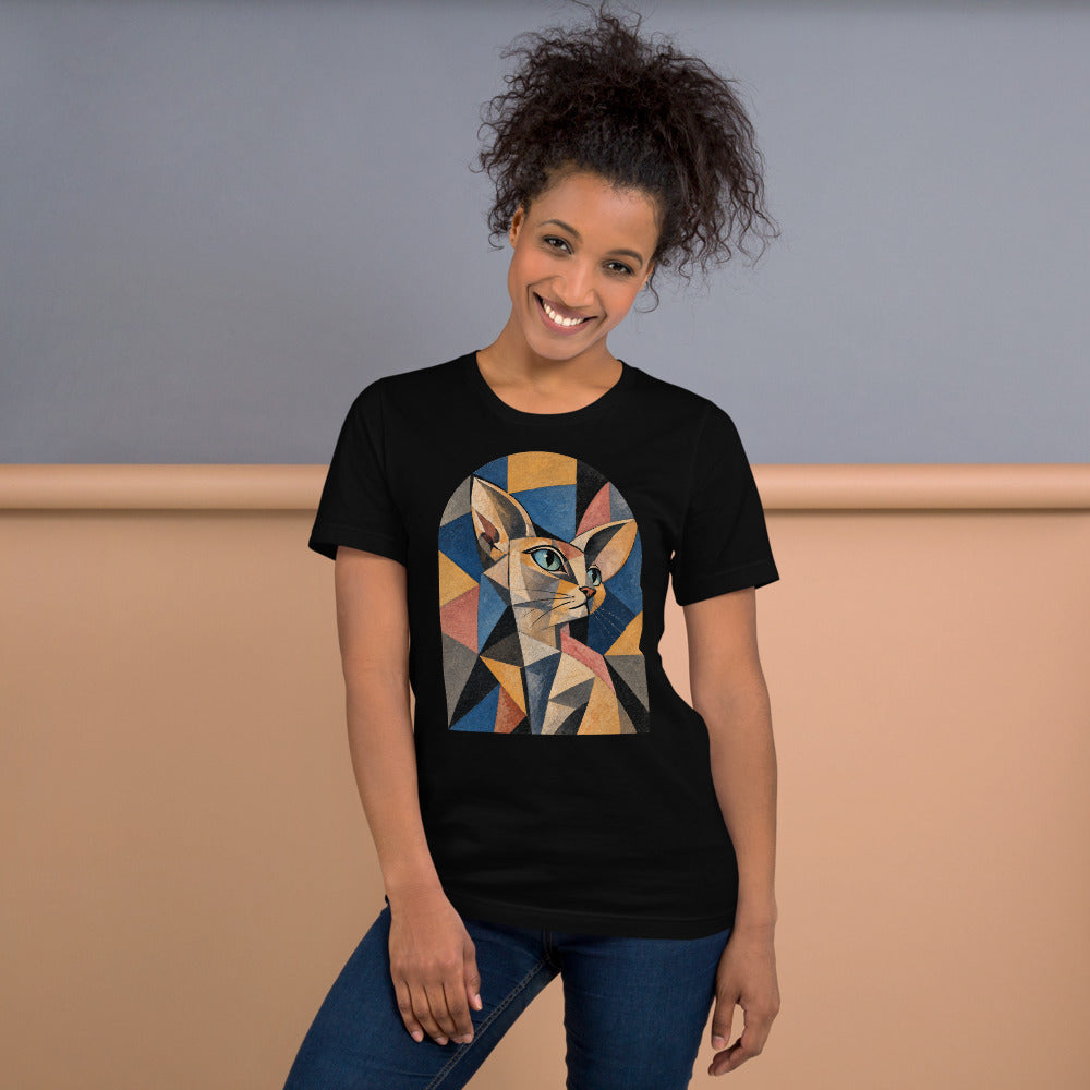 Custom cat portrait t-shirt, Cubism style, lifestyle