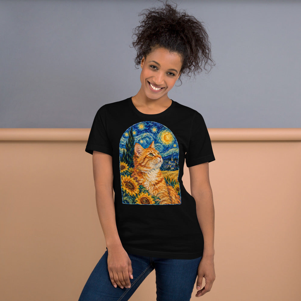 Custom cat portrait t-shirt, Van Gogh style, lifestyle