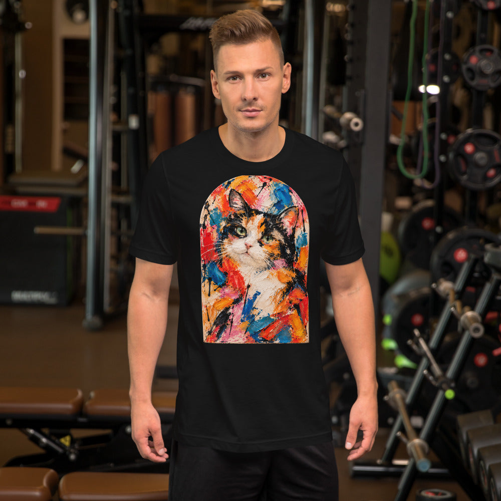 Custom cat portrait t-shirt, Abstract Expressionism style, Black, worn