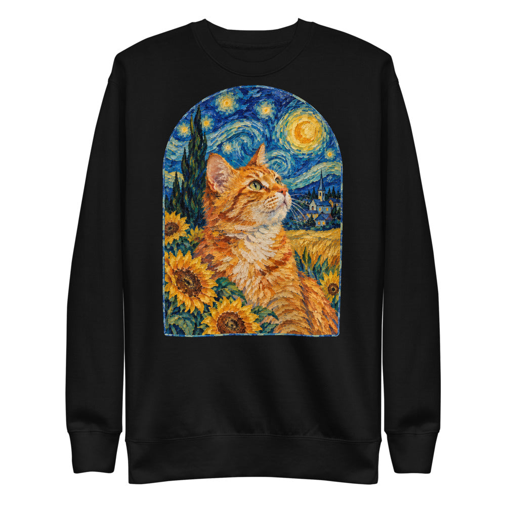 Custom cat portrait sweatshirt, Van Gogh style, Black, flat