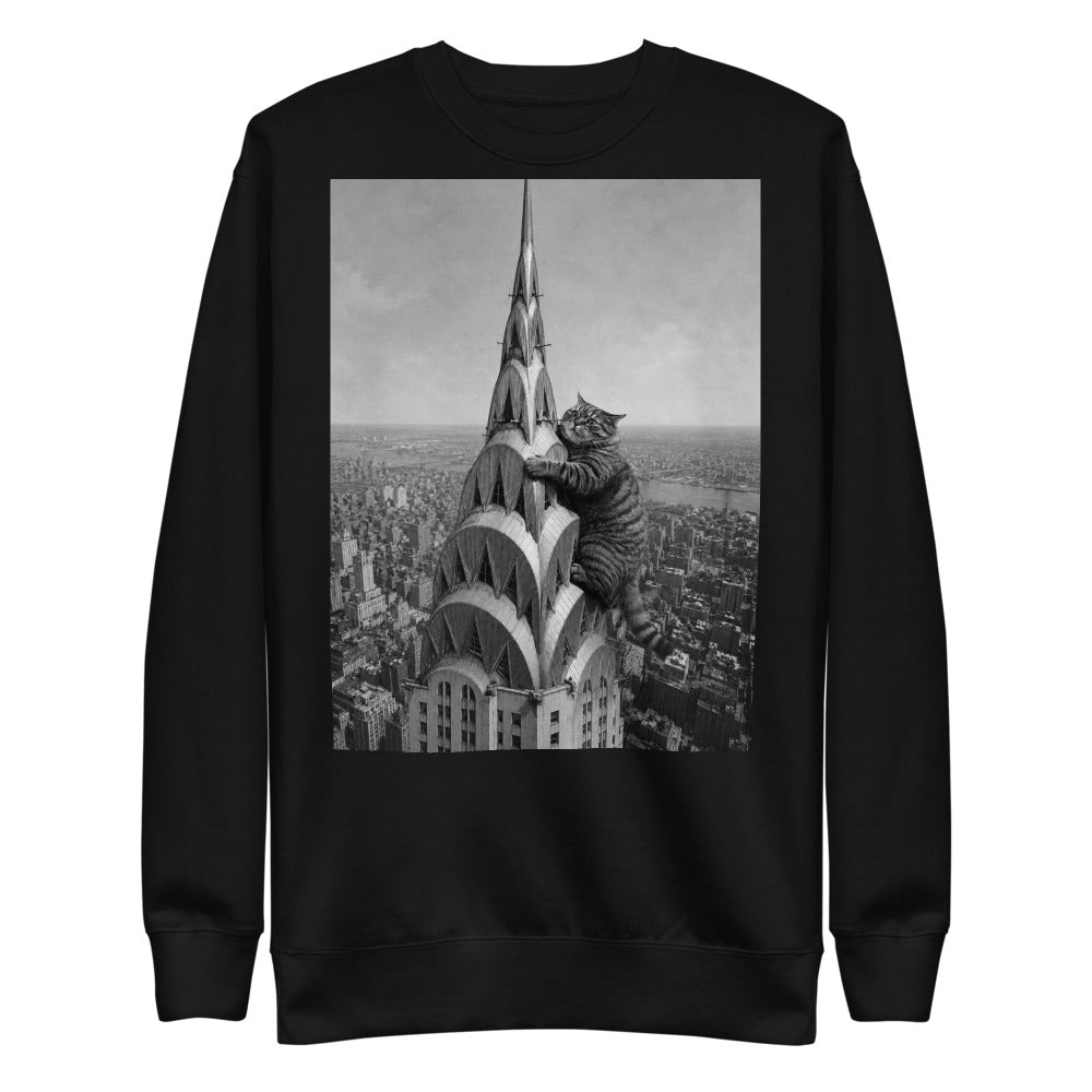 Custom cat portrait sweatshirt, Chrysler Building style, Black, flat