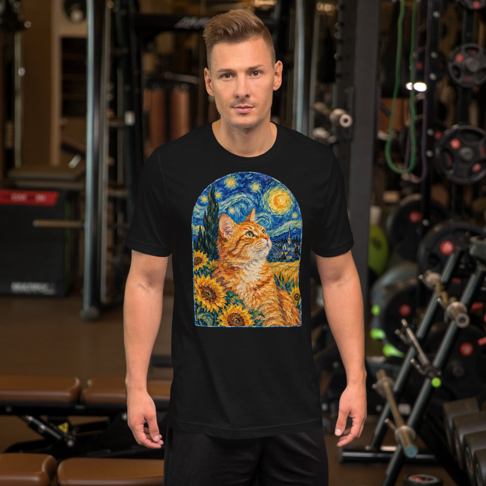 Custom cat portrait t-shirt, Van Gogh style, Black, worn