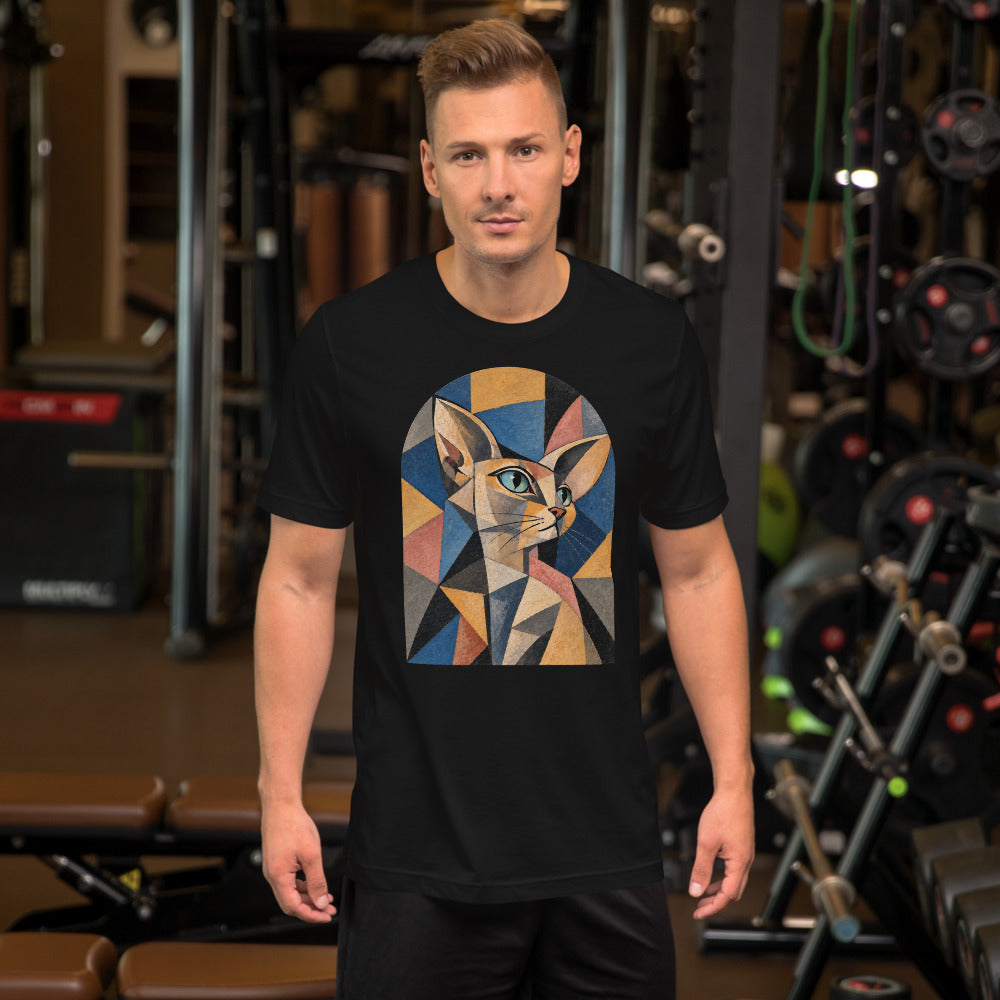 Custom cat portrait t-shirt, Cubism style, Black, worn
