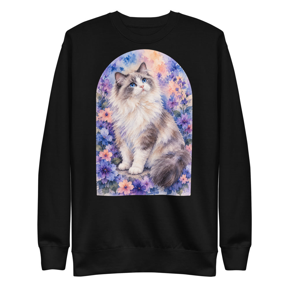 Custom cat portrait sweatshirt, Watercolor style, Black, flat