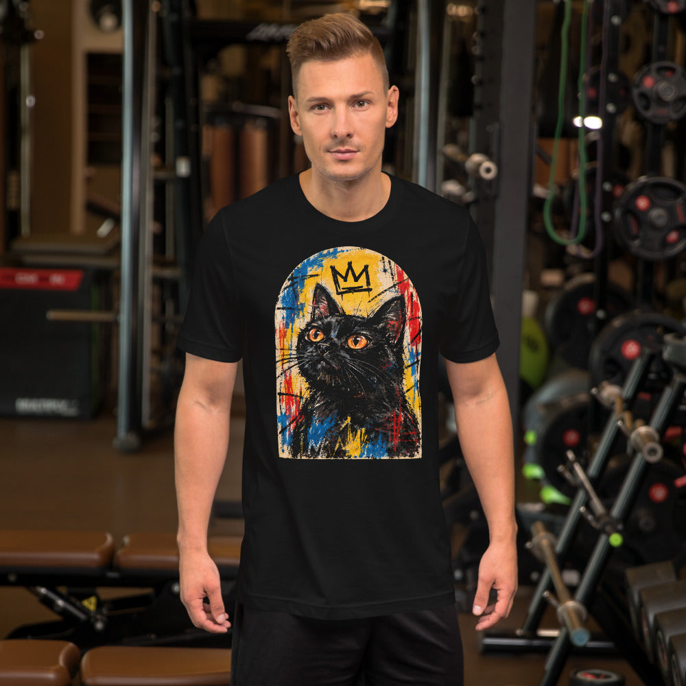 Custom cat portrait t-shirt, Basquiat style, Black, worn