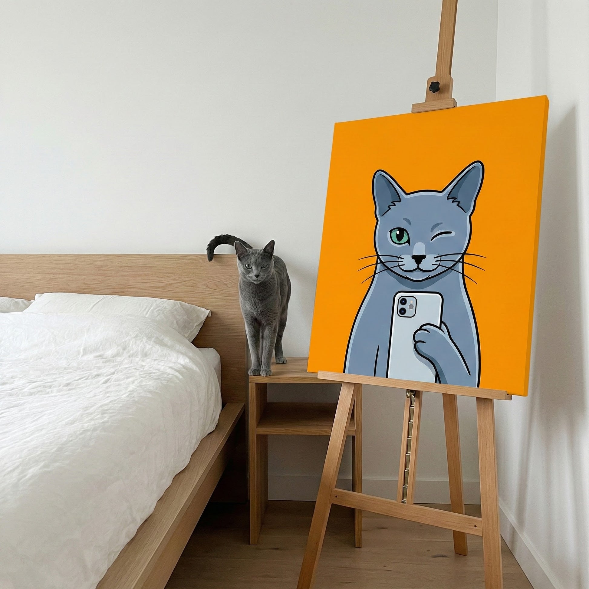 Gamer Pop Cat Canvas room mockup; custom cat portrait canvas from photo in the Gamer Pop Cat style; storytelling; gray cat; proof before print.