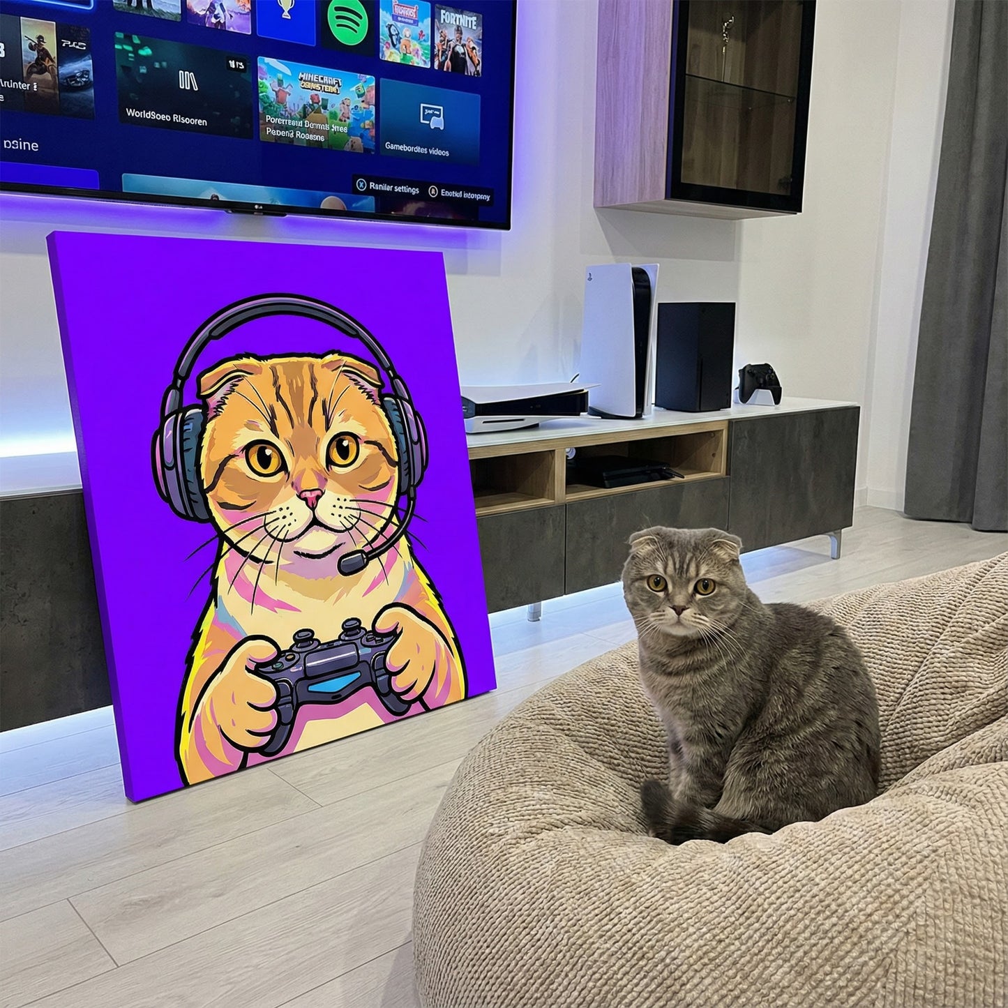 Gamer Pop Cat Canvas room mockup; custom cat portrait canvas from photo in the Gamer Pop Cat style; gray cat; proof before print.