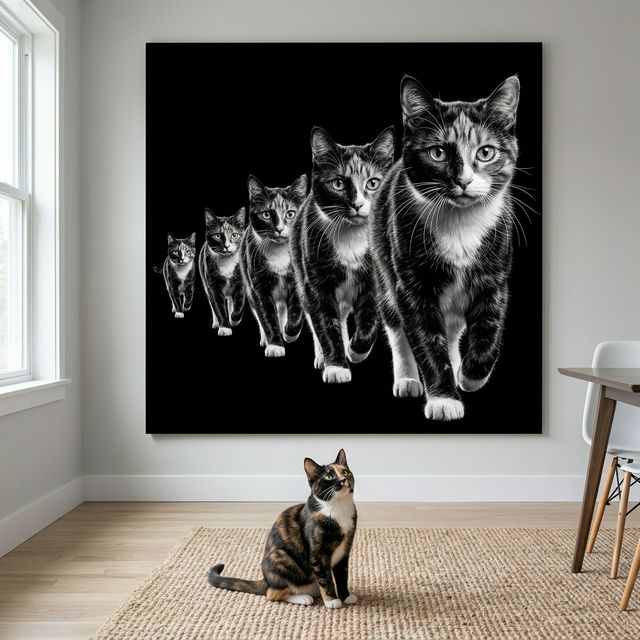 Motion Study Canvas room mockup; custom cat portrait canvas from photo in the Motion Study style; calico cat; proof before print.