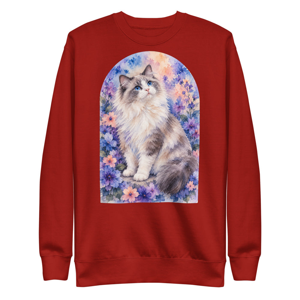 Custom cat portrait sweatshirt, Watercolor style, Cardinal, flat