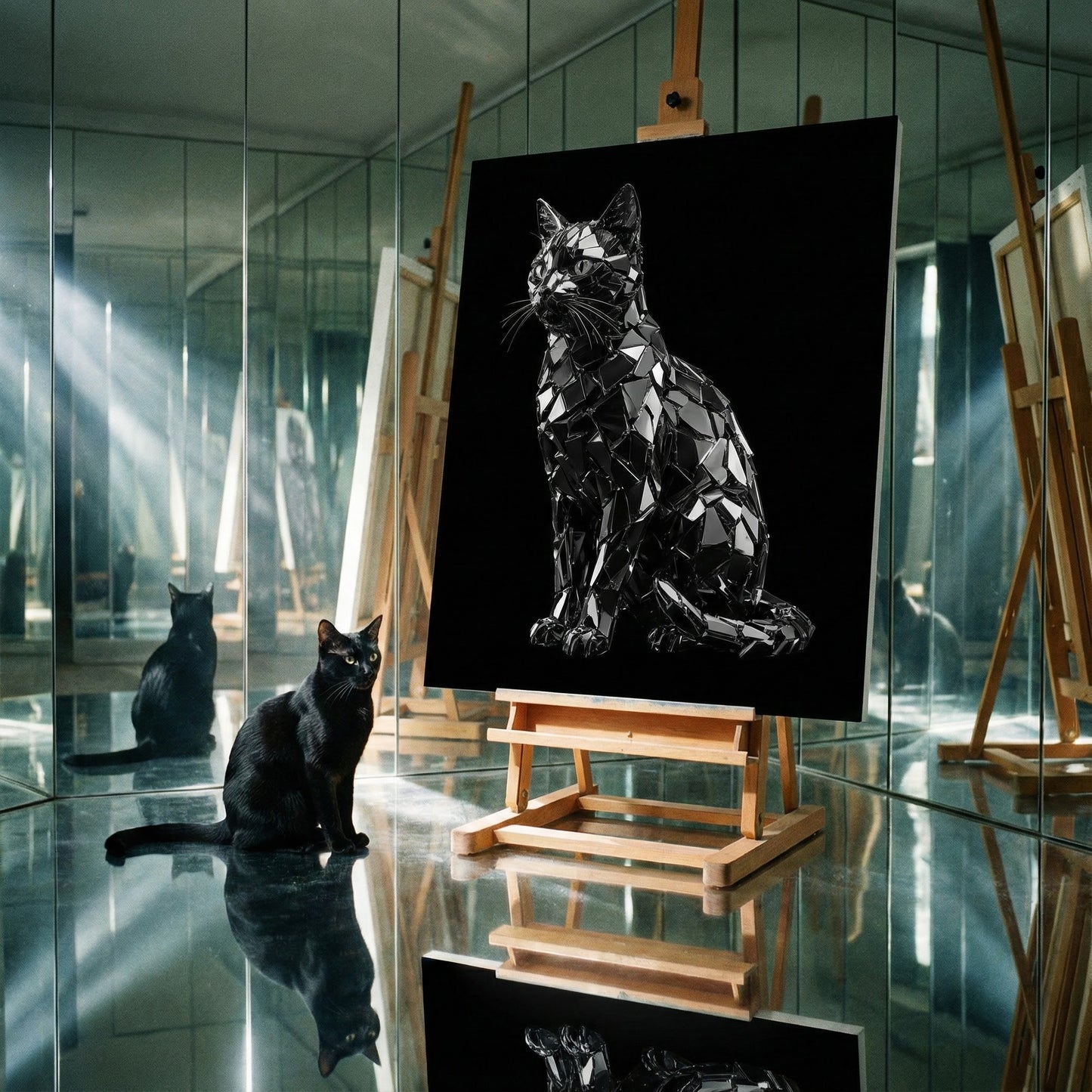 Crystal Shard Canvas room mockup; custom cat portrait canvas from photo in the Crystal Shard style; broadcast-themed; black cat; proof before print.
