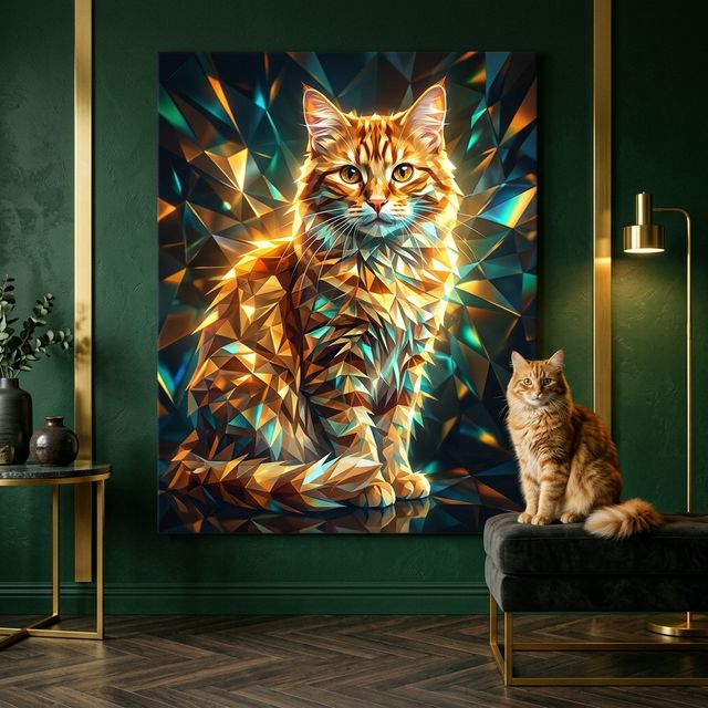 Crystal Shard Canvas room mockup; custom cat portrait canvas from photo in the Crystal Shard style; longhair cat; proof before print.