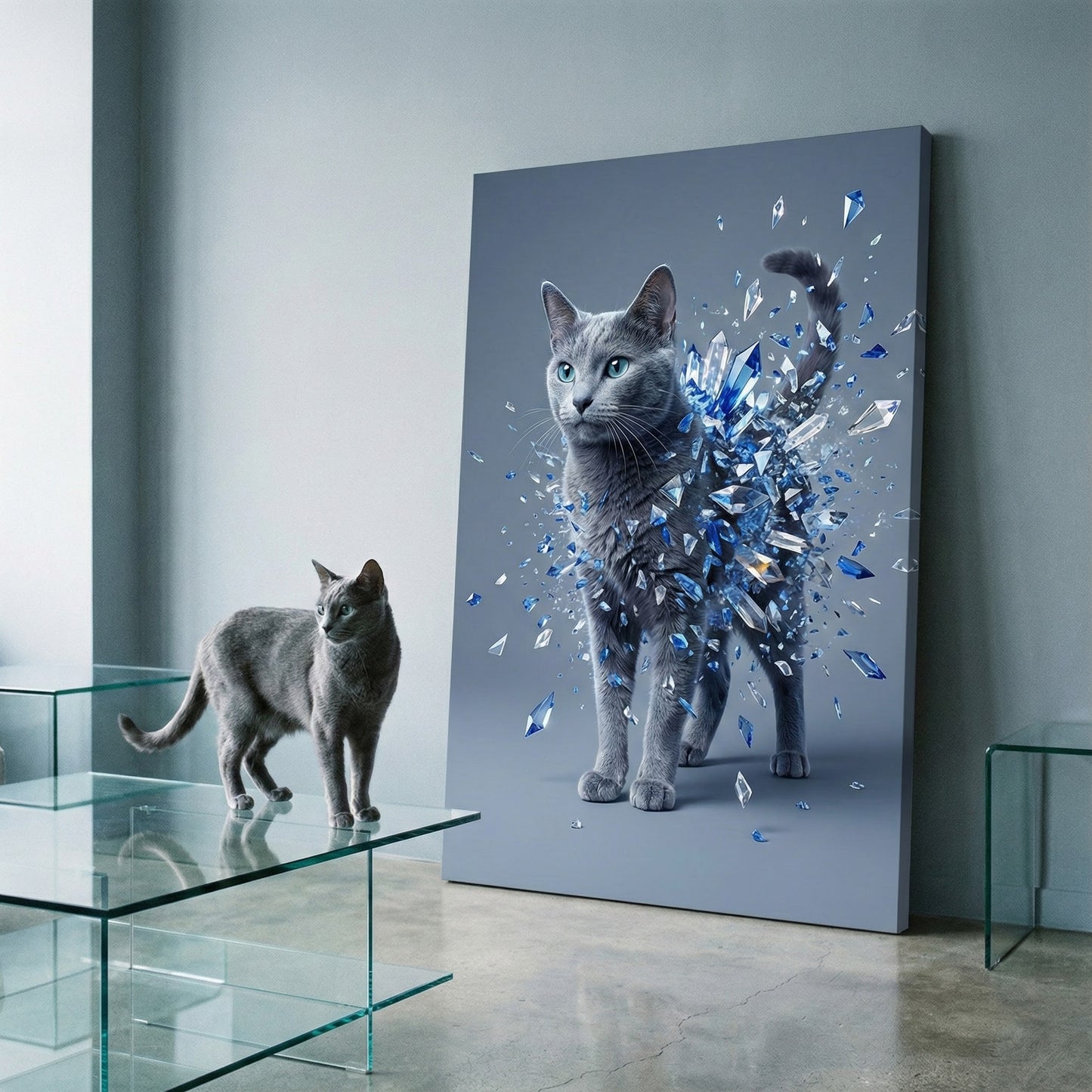 Crystal Shard Canvas room mockup; custom cat portrait canvas from photo in the Crystal Shard style; gray cat; proof before print.