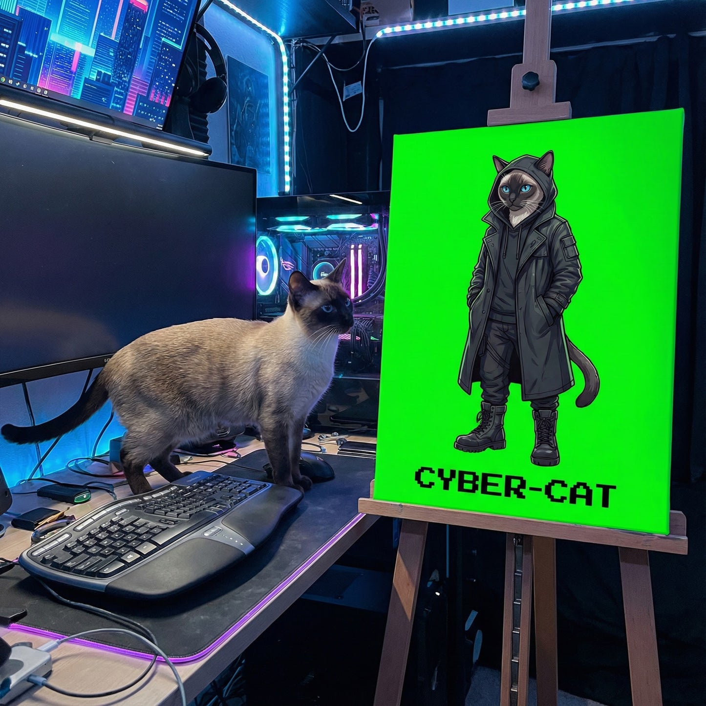 Cyberpunk Sentinel Cat Canvas