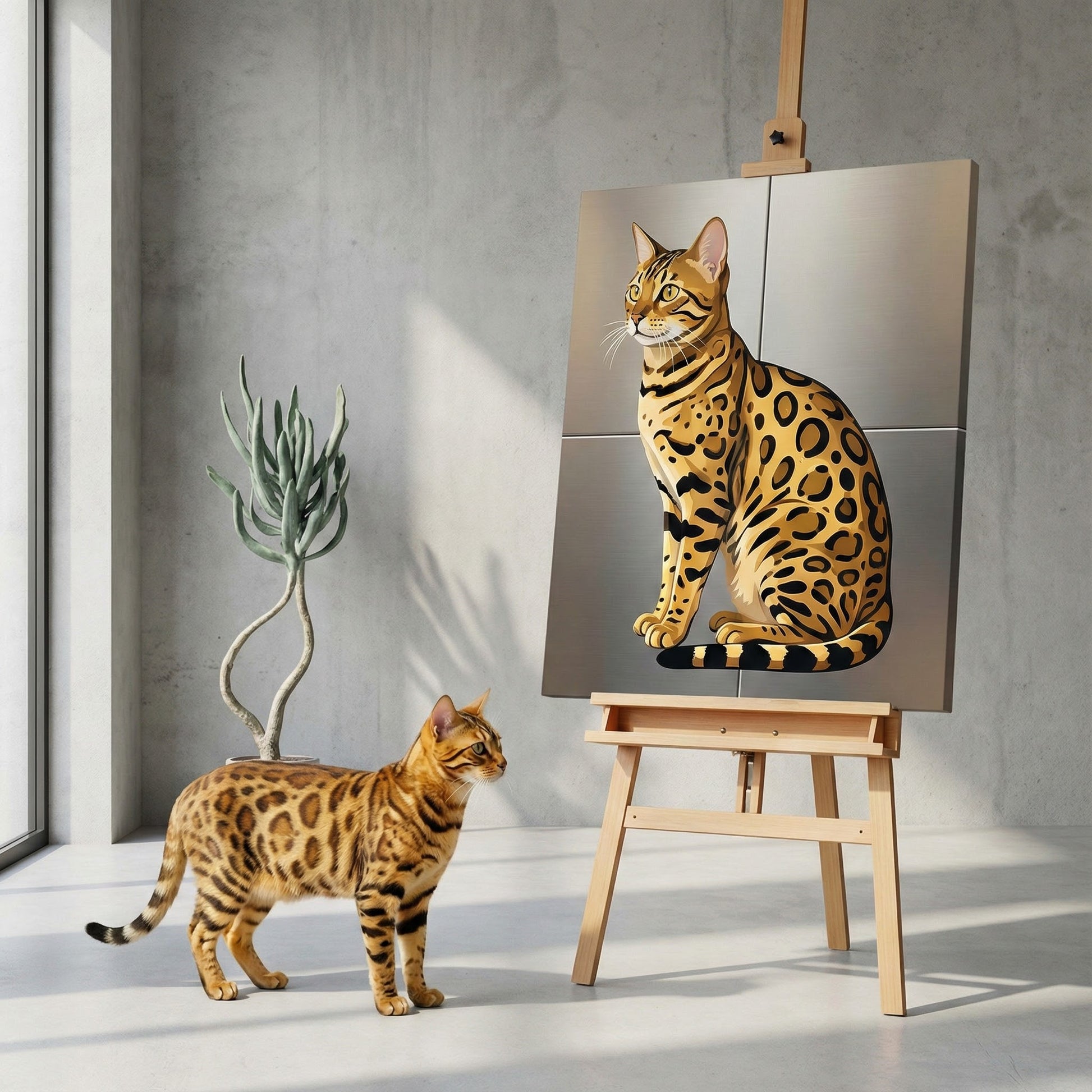 Graphic Wild Form Canvas room mockup; custom cat portrait canvas from photo in the Graphic Wild Form style; broadcast-themed; spotted tabby-like cat; proof before print.