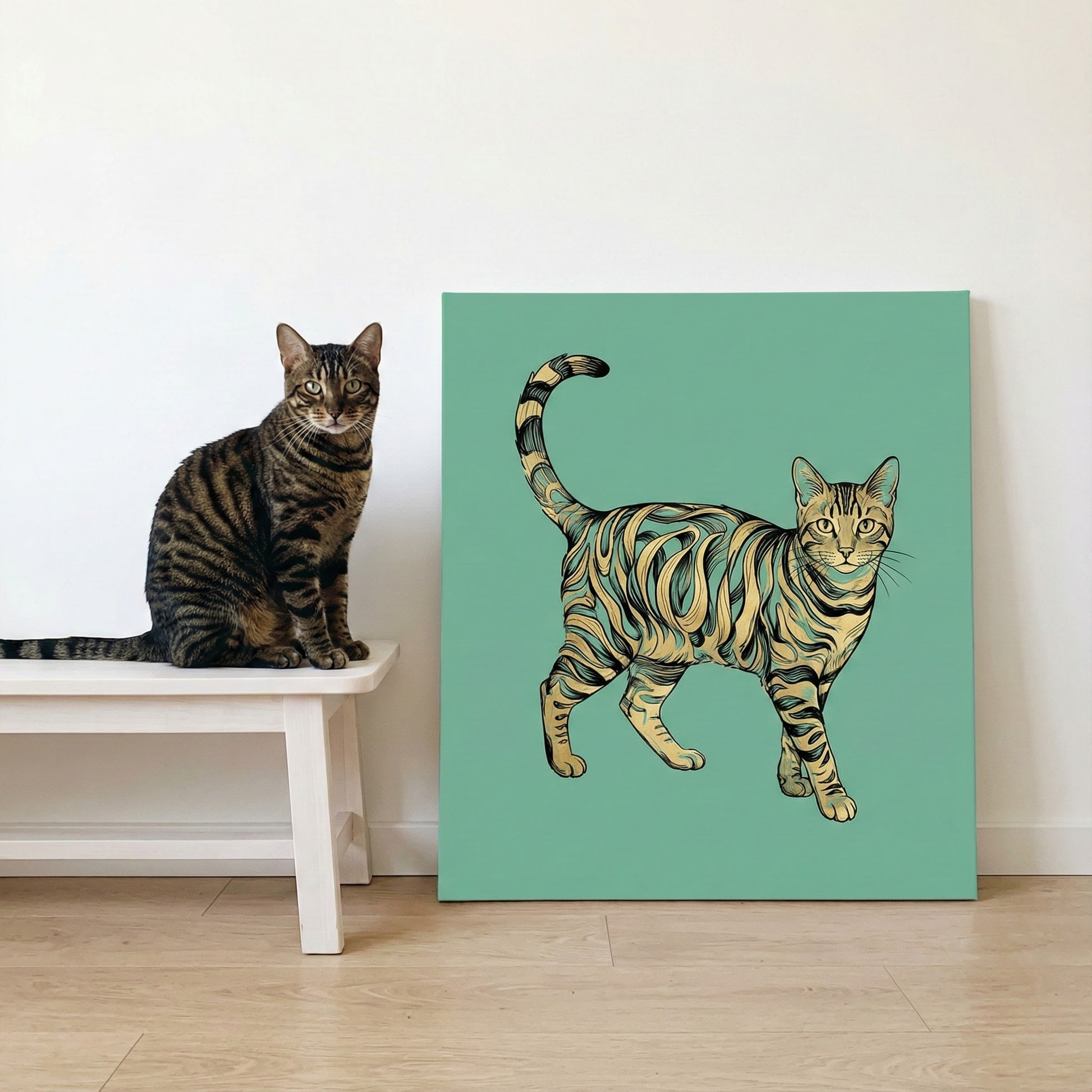 Graphic Wild Form Canvas room mockup; custom cat portrait canvas from photo in the Graphic Wild Form style; spotted tabby-like cat; proof before print.
