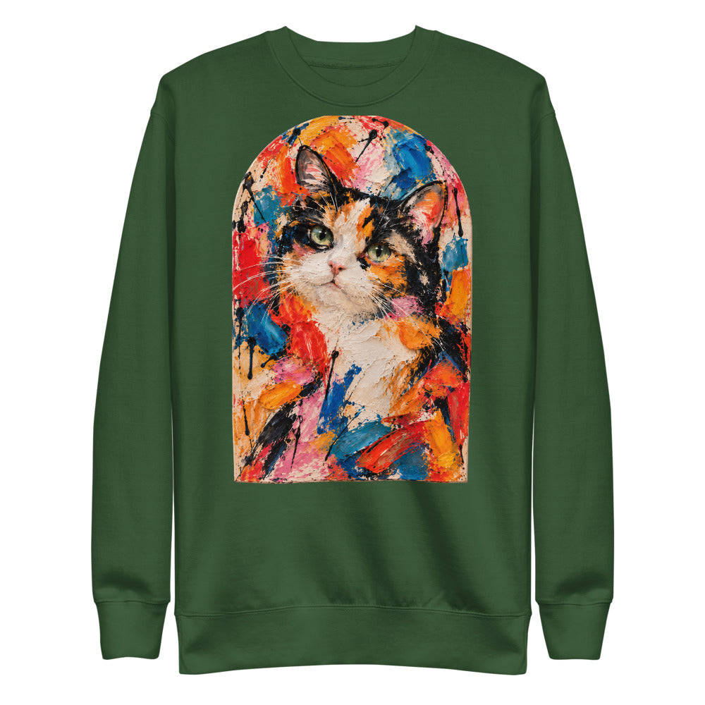 Custom cat portrait sweatshirt, Abstract Expressionism style, Forest Green, flat
