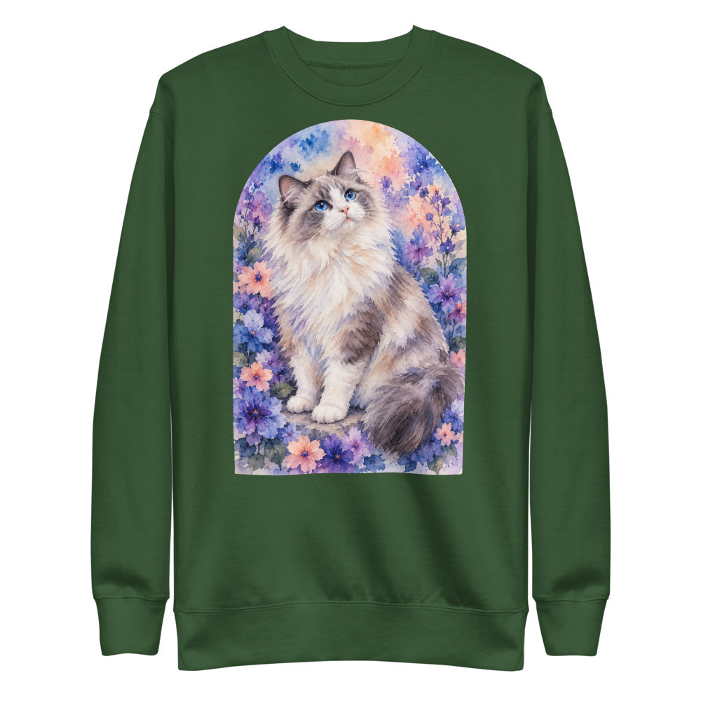 Custom cat portrait sweatshirt, Watercolor style, Forest Green, flat