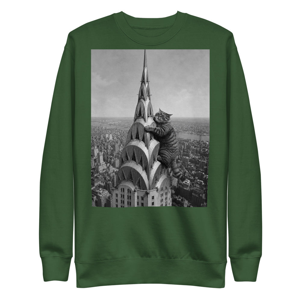 Custom cat portrait sweatshirt, Chrysler Building style, Forest Green, flat