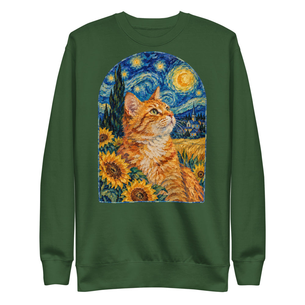 Custom cat portrait sweatshirt, Van Gogh style, Forest Green, flat