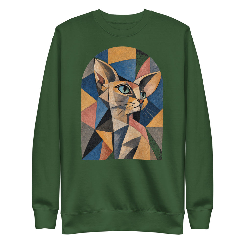 Custom cat portrait sweatshirt, Cubism style, Forest Green, flat