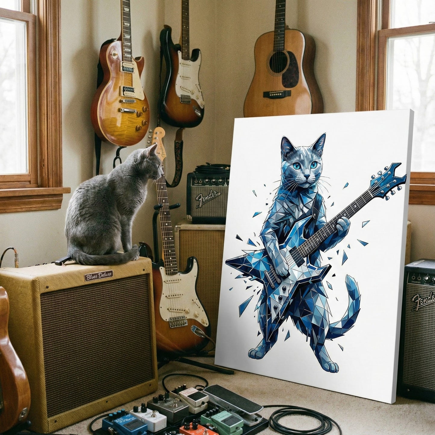 Geometric Rock Icon Canvas room mockup; custom cat portrait canvas from photo in the Geometric Rock Icon style; broadcast-themed; gray cat; proof before print.