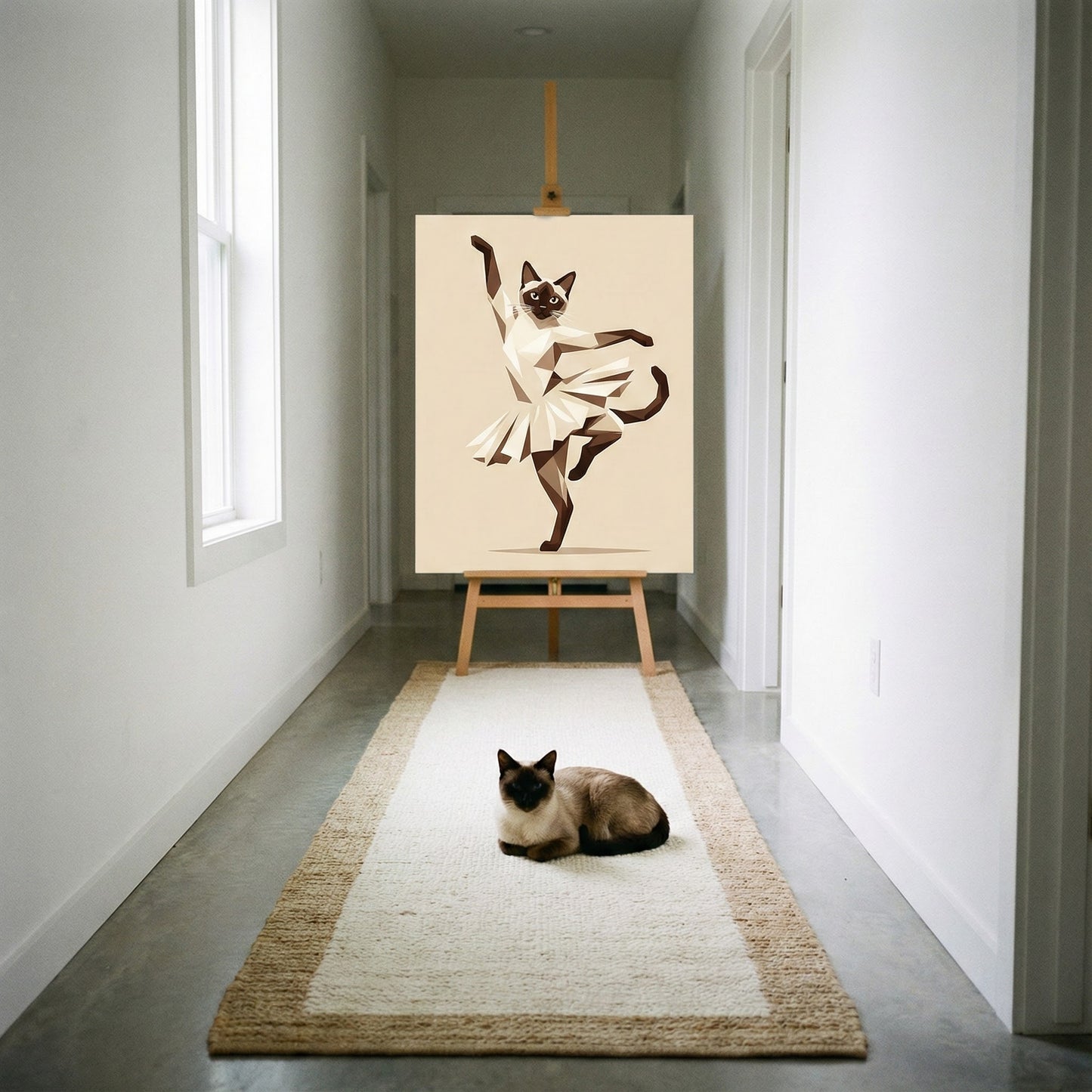 Geometric Rock Icon Canvas room mockup; custom cat portrait canvas from photo in the Geometric Rock Icon style; pointed cat; proof before print.
