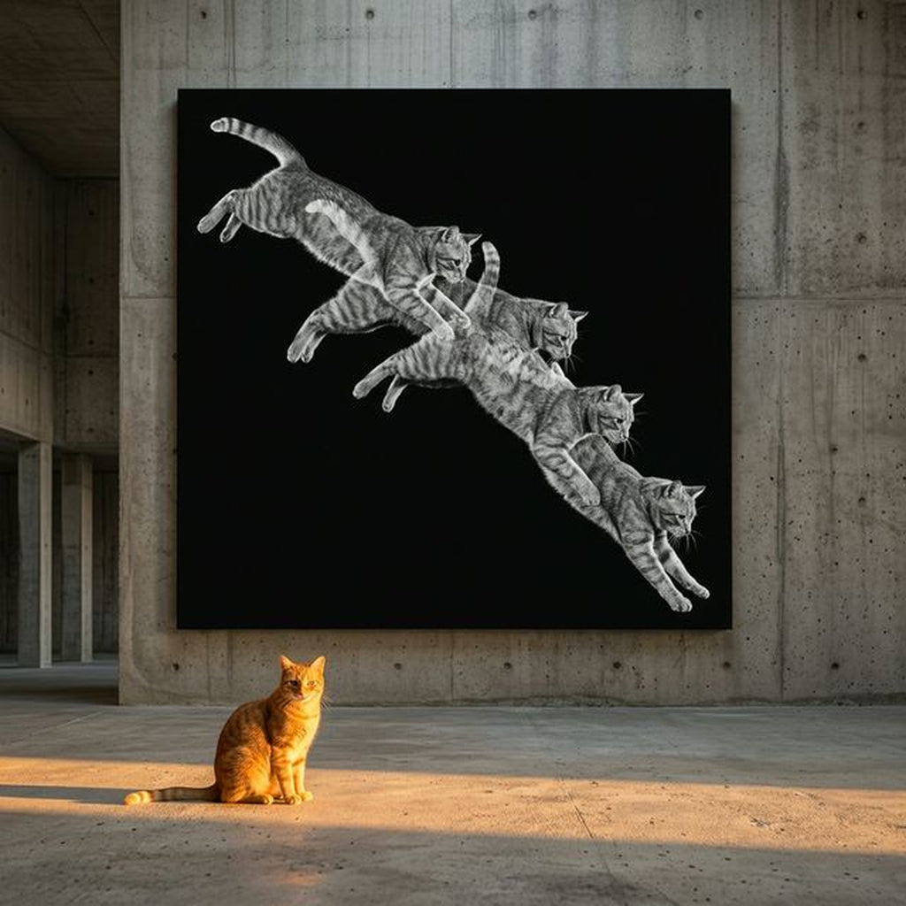 Motion Study Canvas room mockup; custom cat portrait canvas from photo in the Motion Study style; orange tabby cat; proof before print.