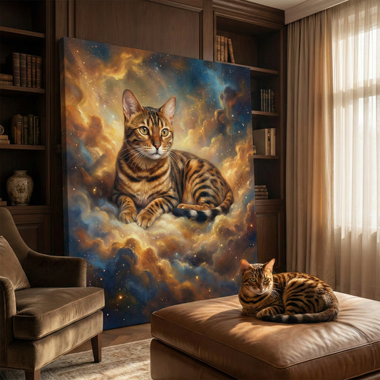 Celestial Cloud Reverie Canvas room mockup; custom cat portrait canvas from photo in the Celestial Cloud Reverie style; spotted tabby-like cat; proof before print.