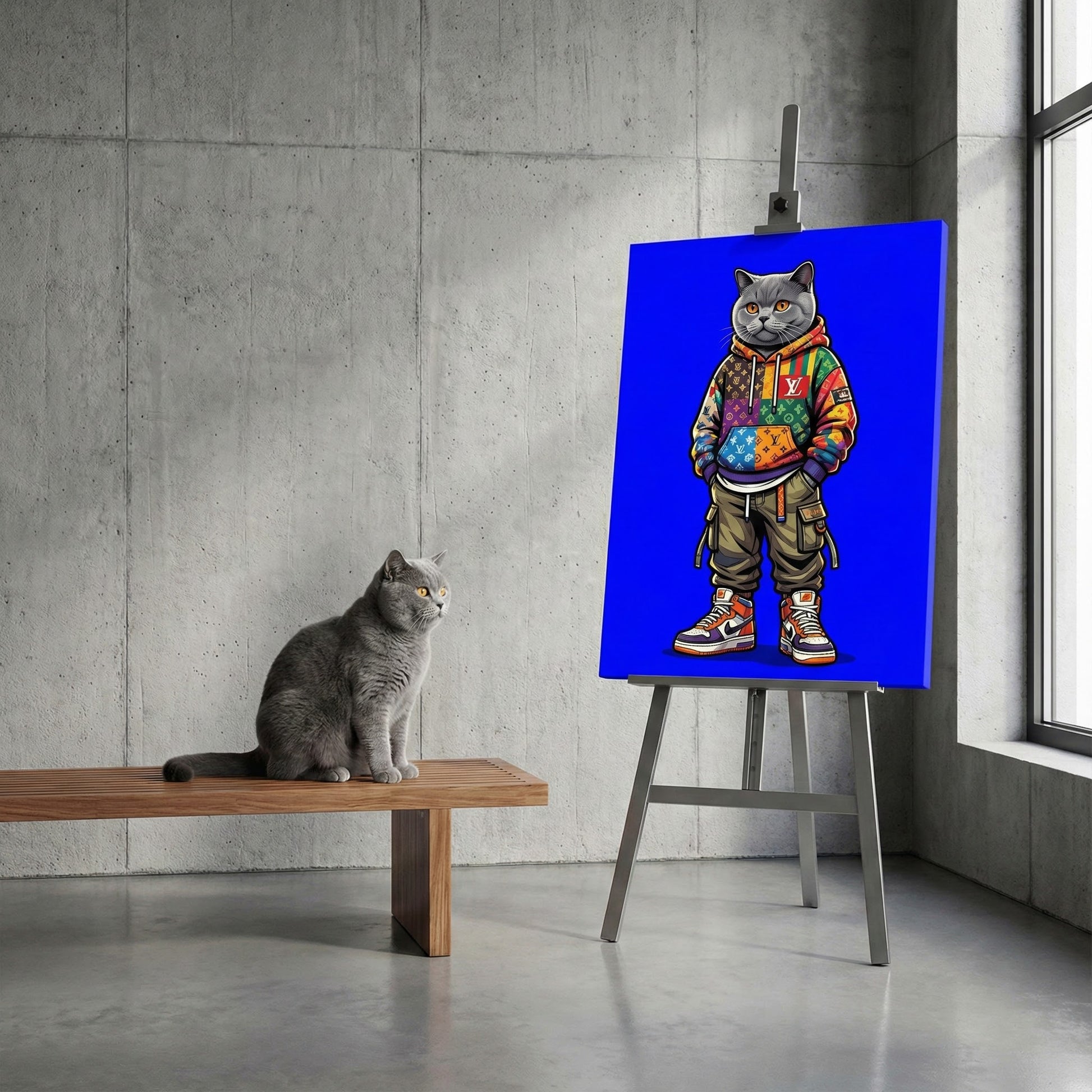 Luxury Streetwear Icon Canvas room mockup; custom cat portrait canvas from photo in the Luxury Streetwear Icon style; white cat; proof before print.