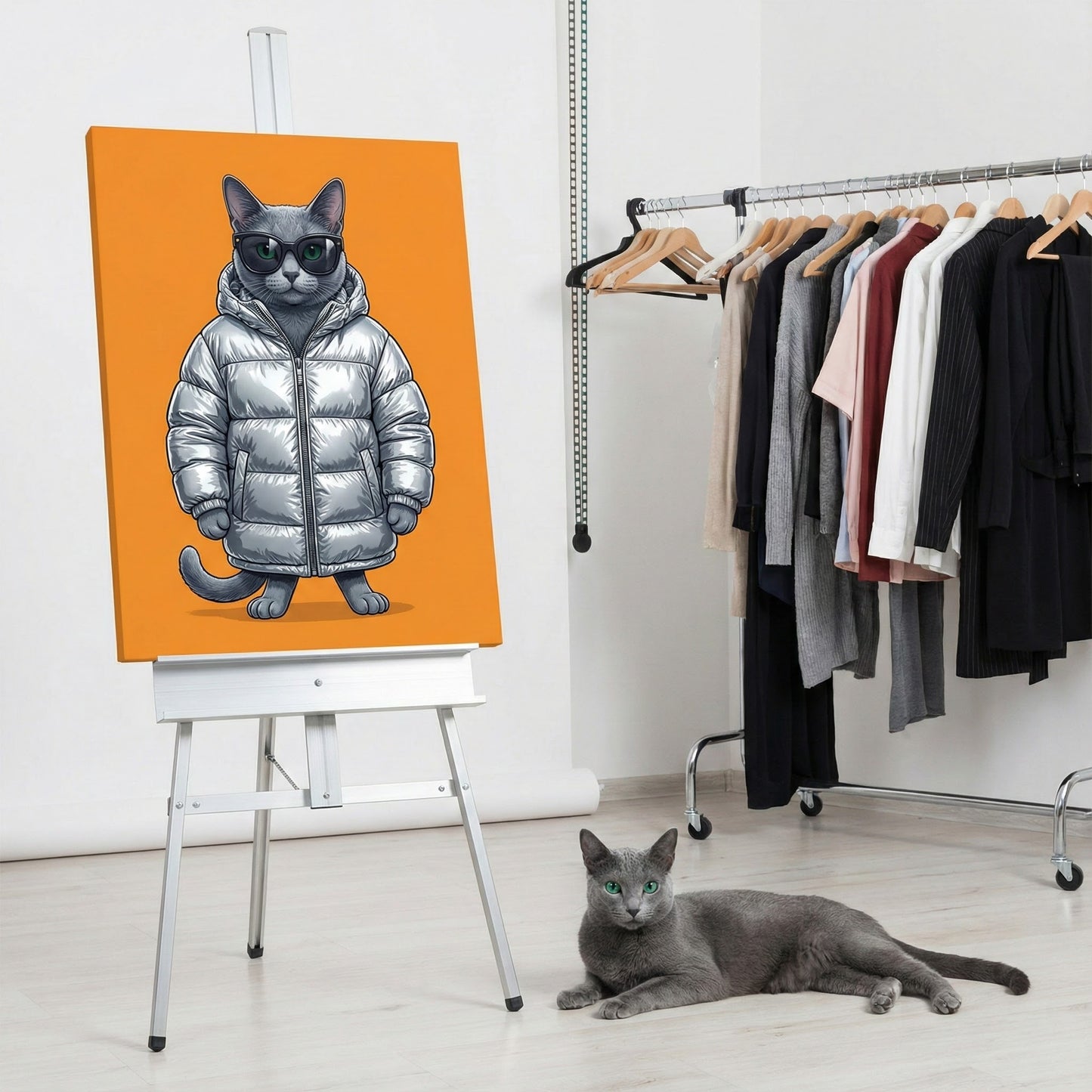 Luxury Streetwear Icon Canvas room mockup; custom cat portrait canvas from photo in the Luxury Streetwear Icon style; gray cat; proof before print.