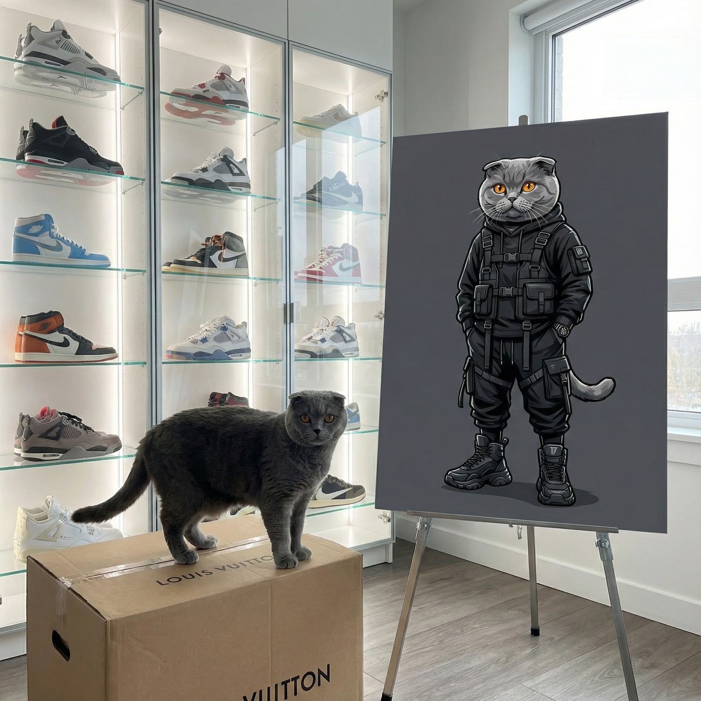 Luxury Streetwear Icon Canvas room mockup; custom cat portrait canvas from photo in the Luxury Streetwear Icon style; black cat; proof before print.