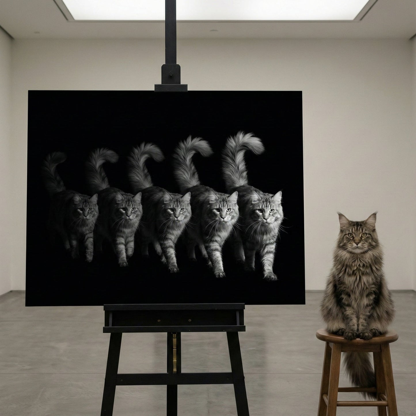 Motion Study Canvas room mockup; custom cat portrait canvas from photo in the Motion Study style; longhair cat; proof before print.