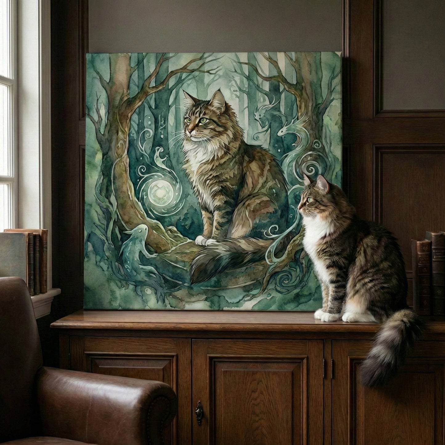Mythic Forest Dream Canvas room mockup; custom cat portrait canvas from photo in the Mythic Forest Dream style; broadcast-themed; longhair cat; proof before print.