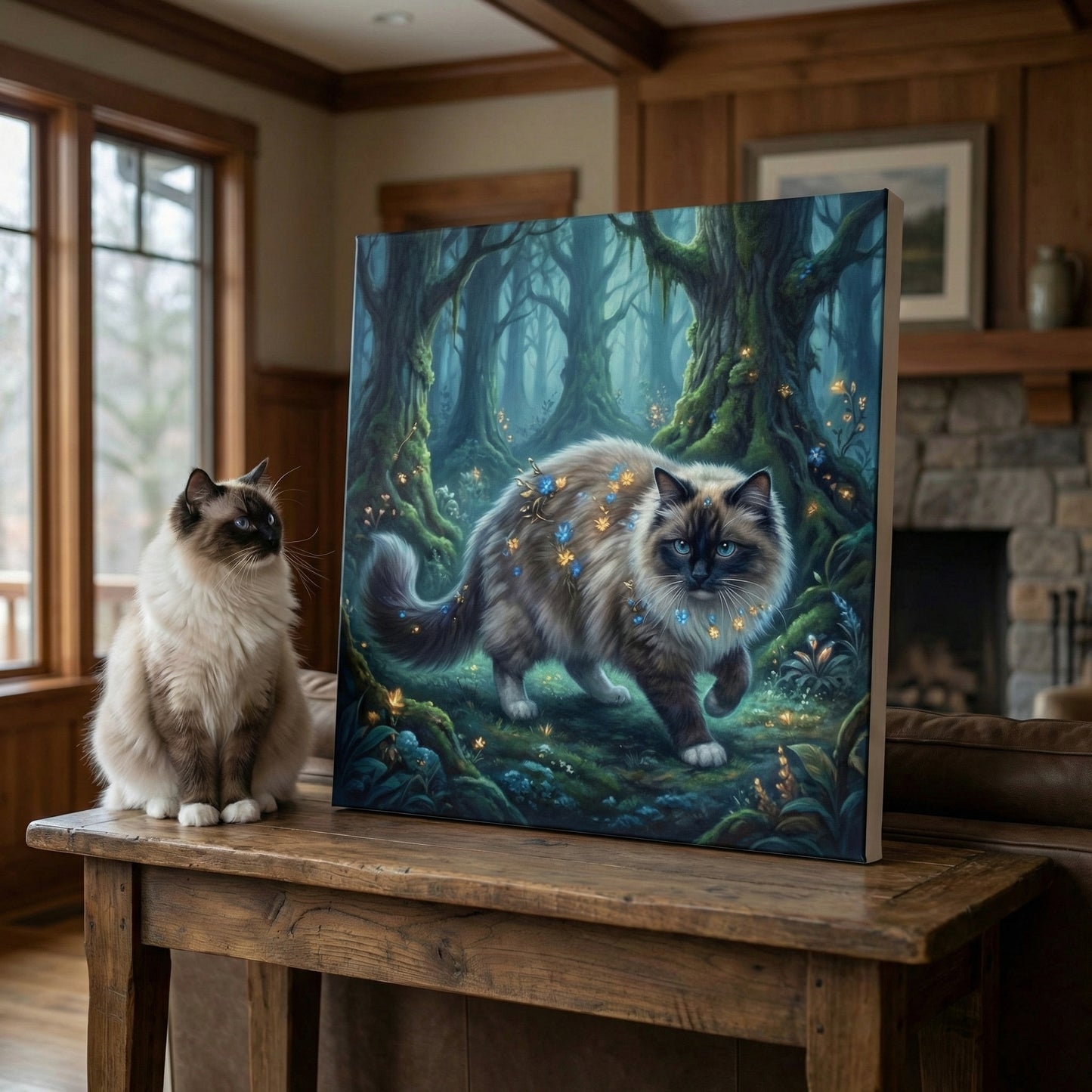 Mythic Forest Dream Canvas room mockup; custom cat portrait canvas from photo in the Mythic Forest Dream style; nature-themed; longhair cat; proof before print.
