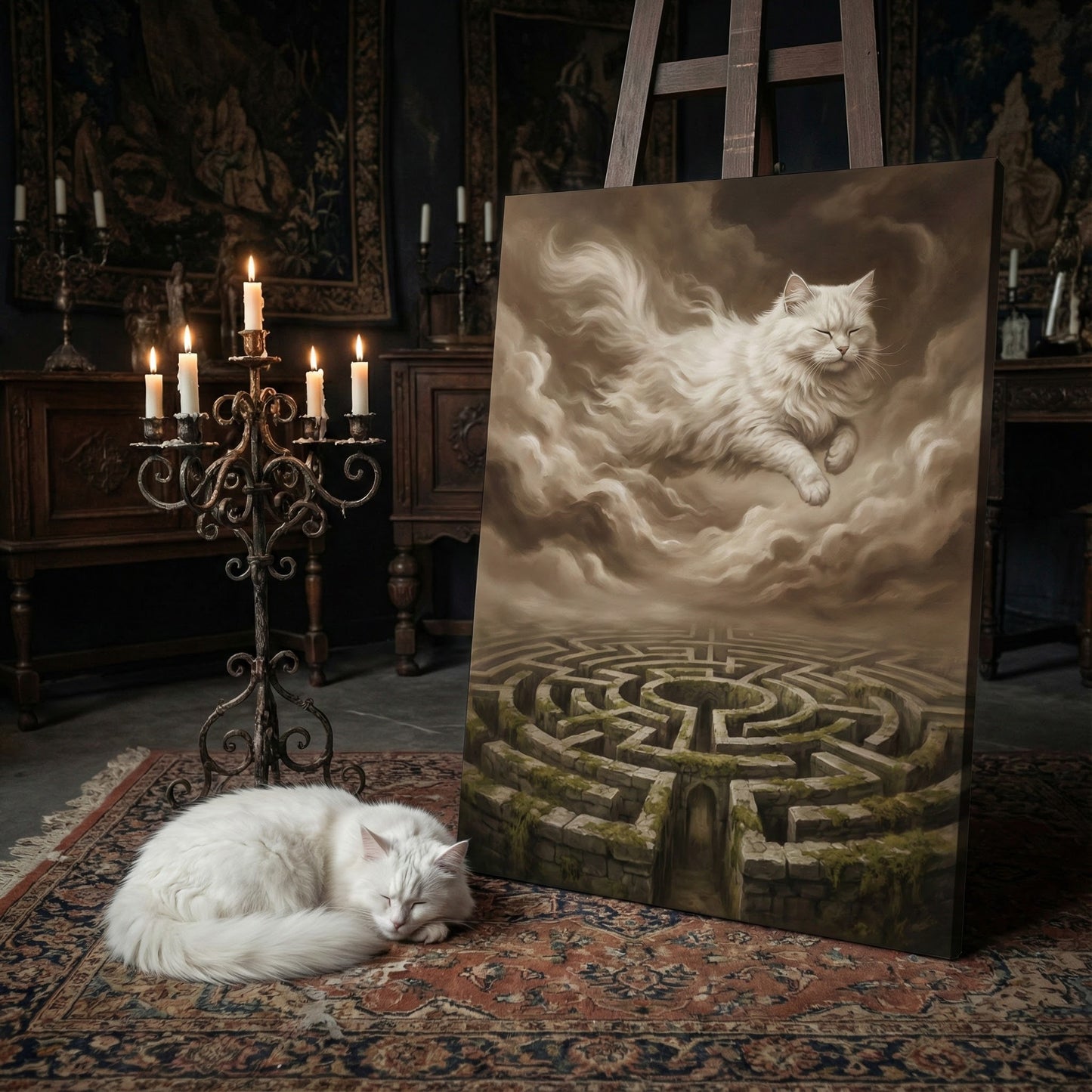 Mythic Forest Dream Canvas room mockup; custom cat portrait canvas from photo in the Mythic Forest Dream style; nature-themed; longhair cat; proof before print.