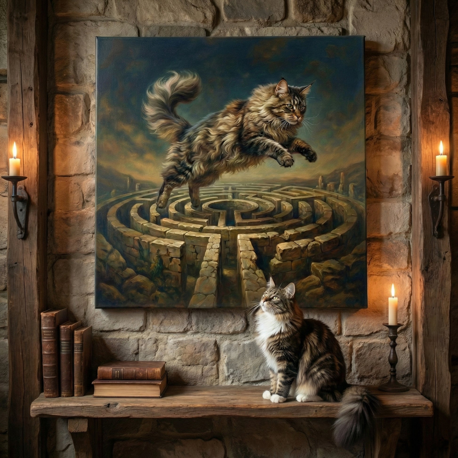Mythic Forest Dream Canvas room mockup; custom cat portrait canvas from photo in the Mythic Forest Dream style; nature-themed; longhair cat; proof before print.
