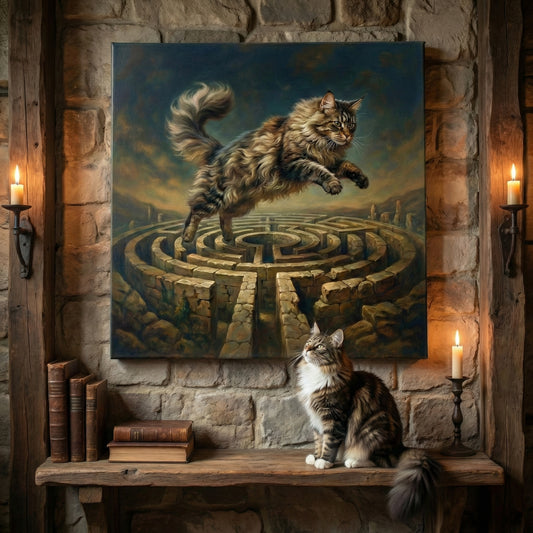 Mythic Forest Dream Canvas room mockup; custom cat portrait canvas from photo in the Mythic Forest Dream style; nature-themed; longhair cat; proof before print.