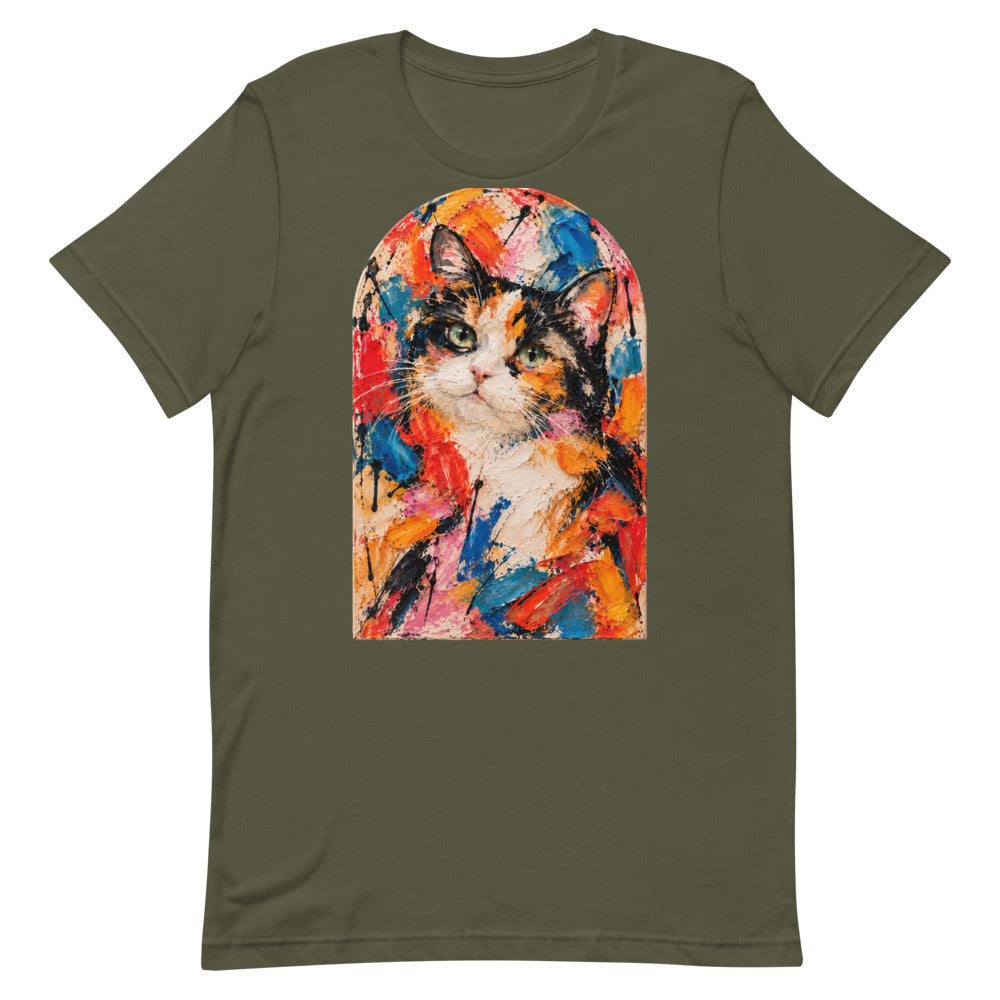 Custom cat portrait t-shirt, Abstract Expressionism style, Military Green, flat