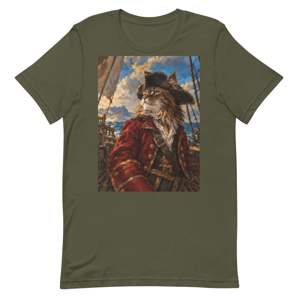 Custom cat portrait t-shirt, Pirate style, Military Green, flat