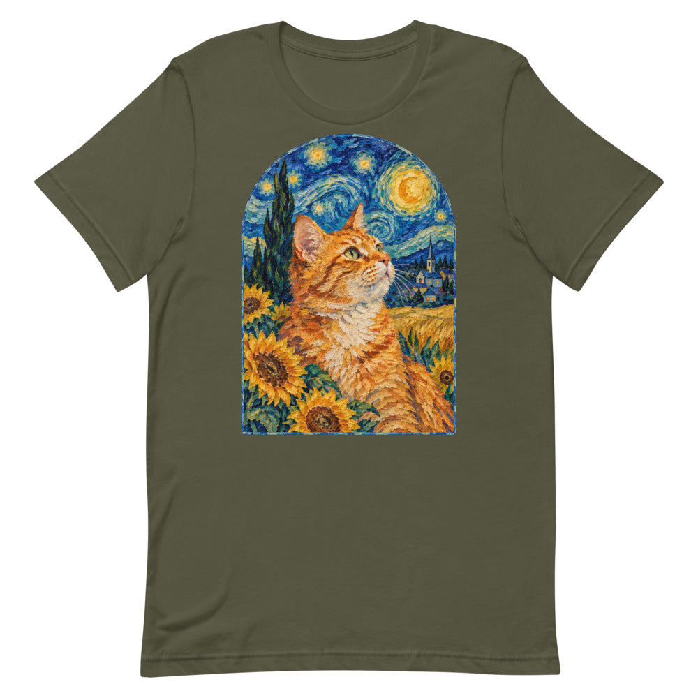 Custom cat portrait t-shirt, Van Gogh style, Military Green, flat