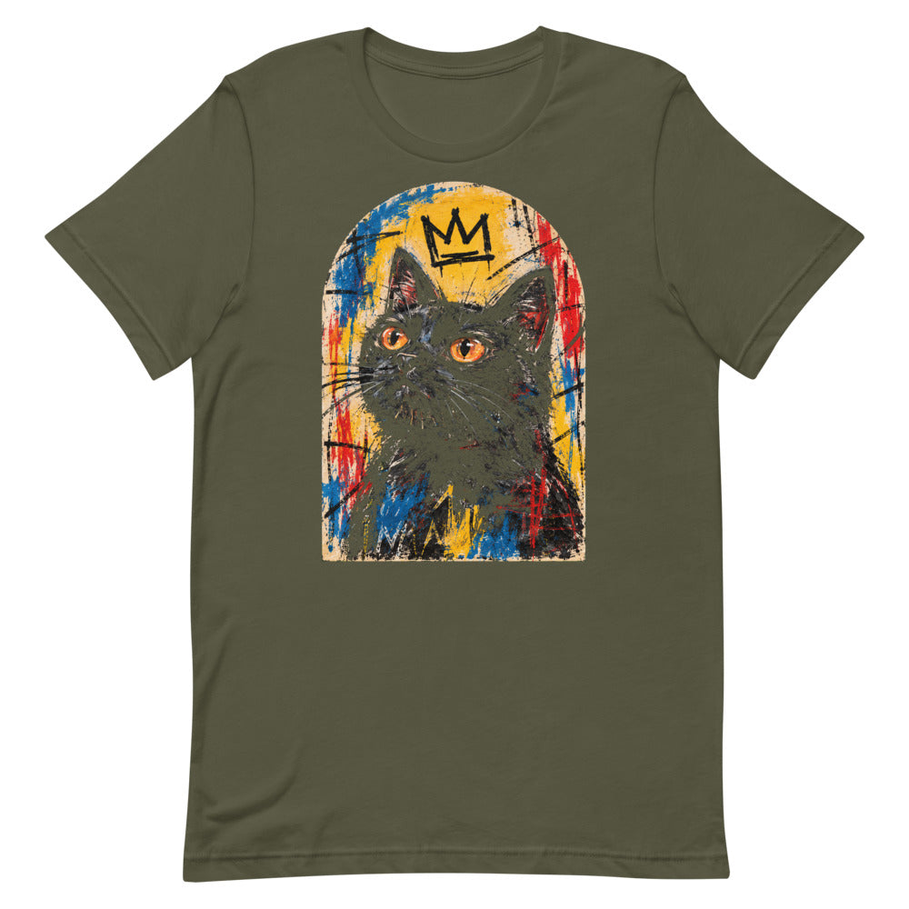Custom cat portrait t-shirt, Basquiat style, Military Green, flat