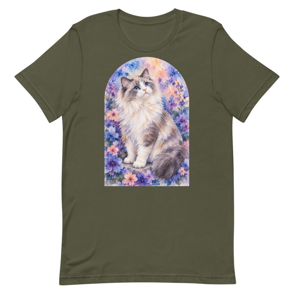 Custom cat portrait t-shirt, Watercolor style, Military Green, flat