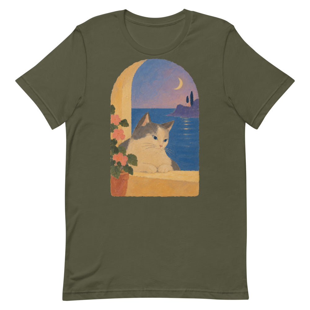 Custom cat portrait t-shirt, Modern Minimalism style, Military Green, flat