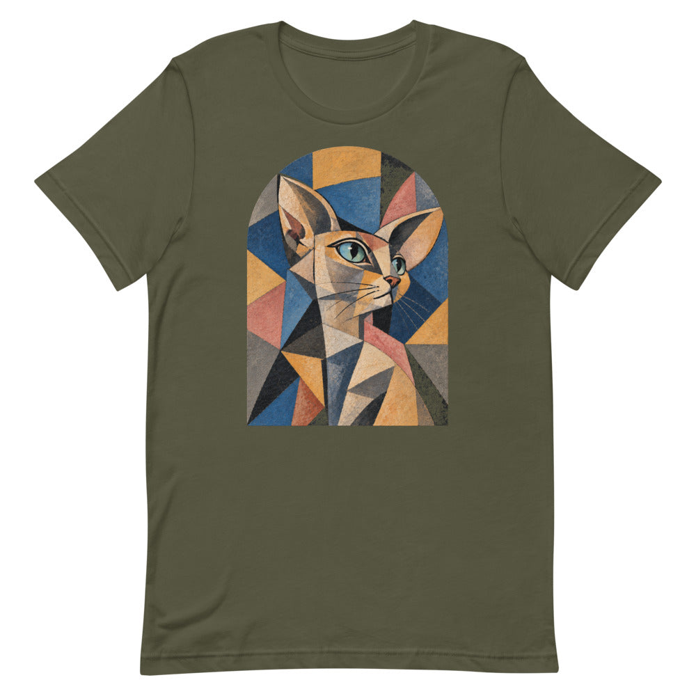 Custom cat portrait t-shirt, Cubism style, Military Green, flat