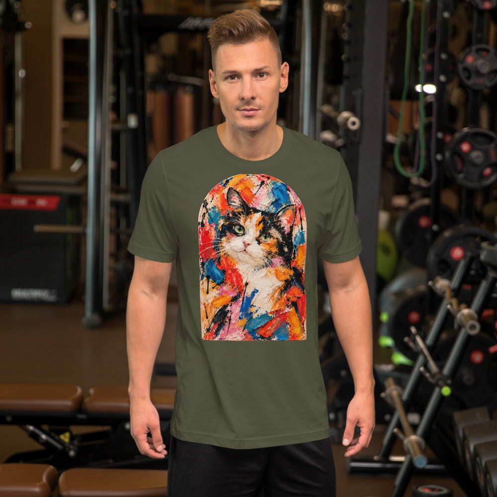 Custom cat portrait t-shirt, Abstract Expressionism style, Military Green, worn